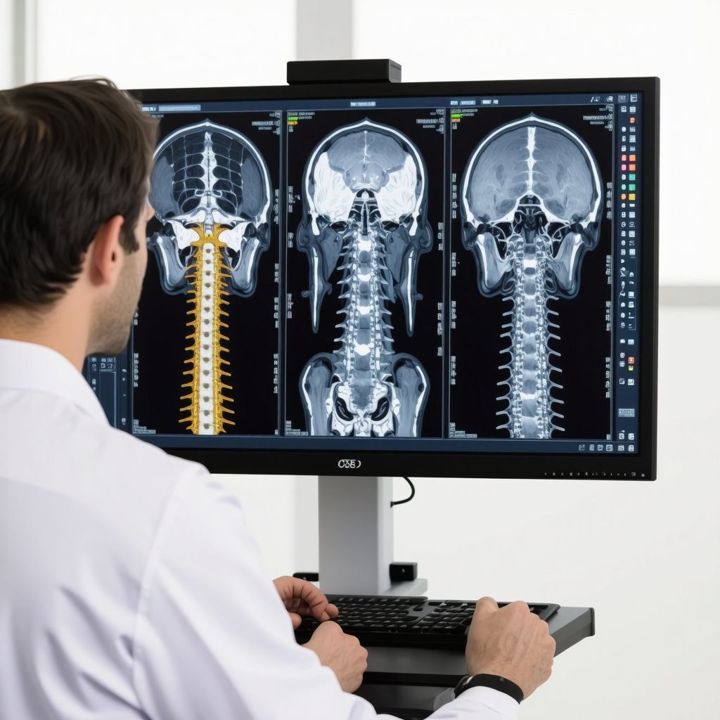 Orthopedic surgeon analyzing spinal MRI with diffusion tensor imaging highlighting nerve fibers