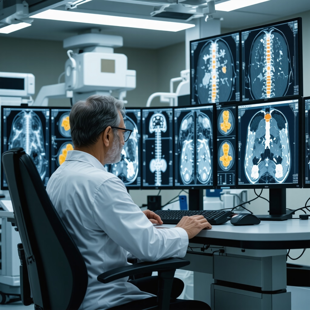 Spine surgeon analyzing advanced MRI and AI data for referral decision-making