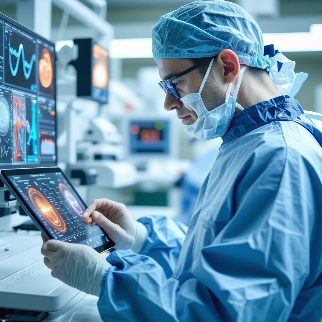 Spine surgeon analyzing AI predictive models and wearable sensor data for surgical timing