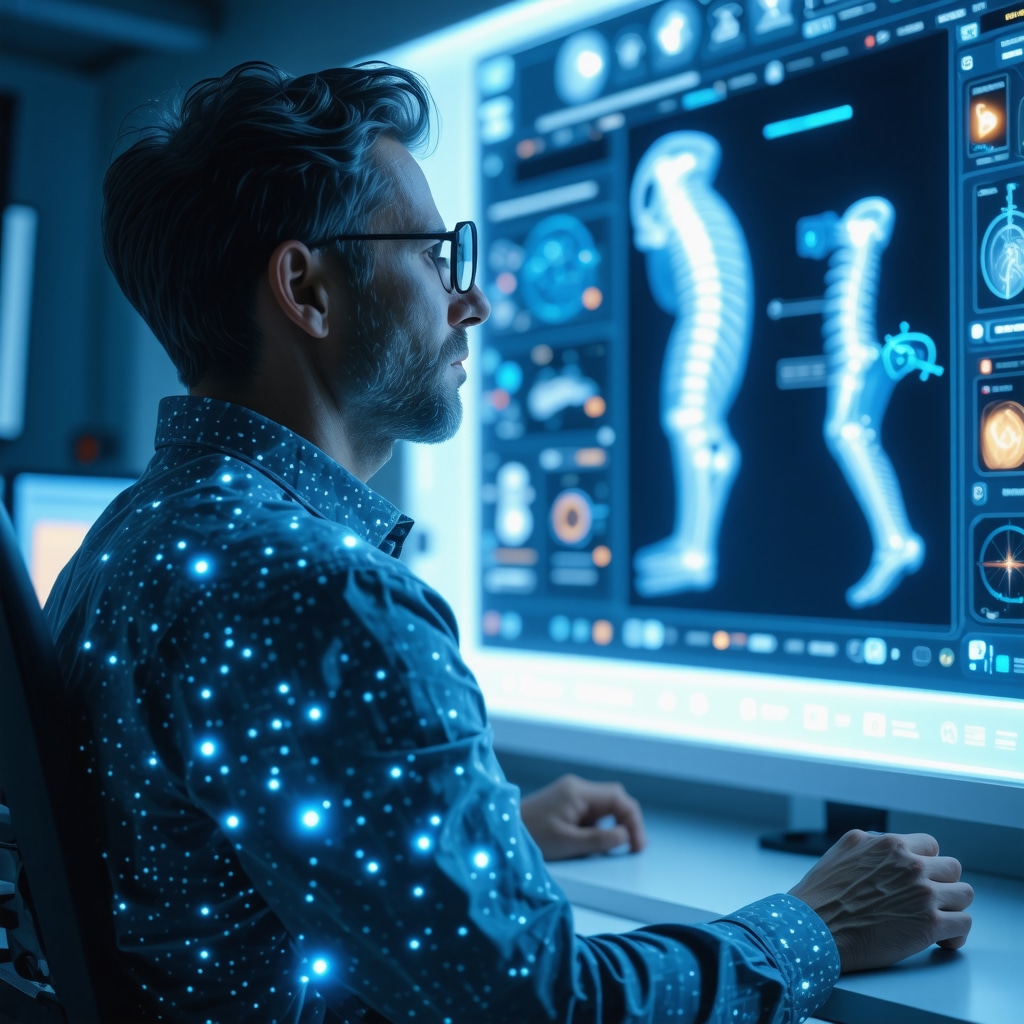 Patient undergoing tele-rehabilitation using wearable cervical spine sensors and viewing 3D biomechanical spine model on holographic display