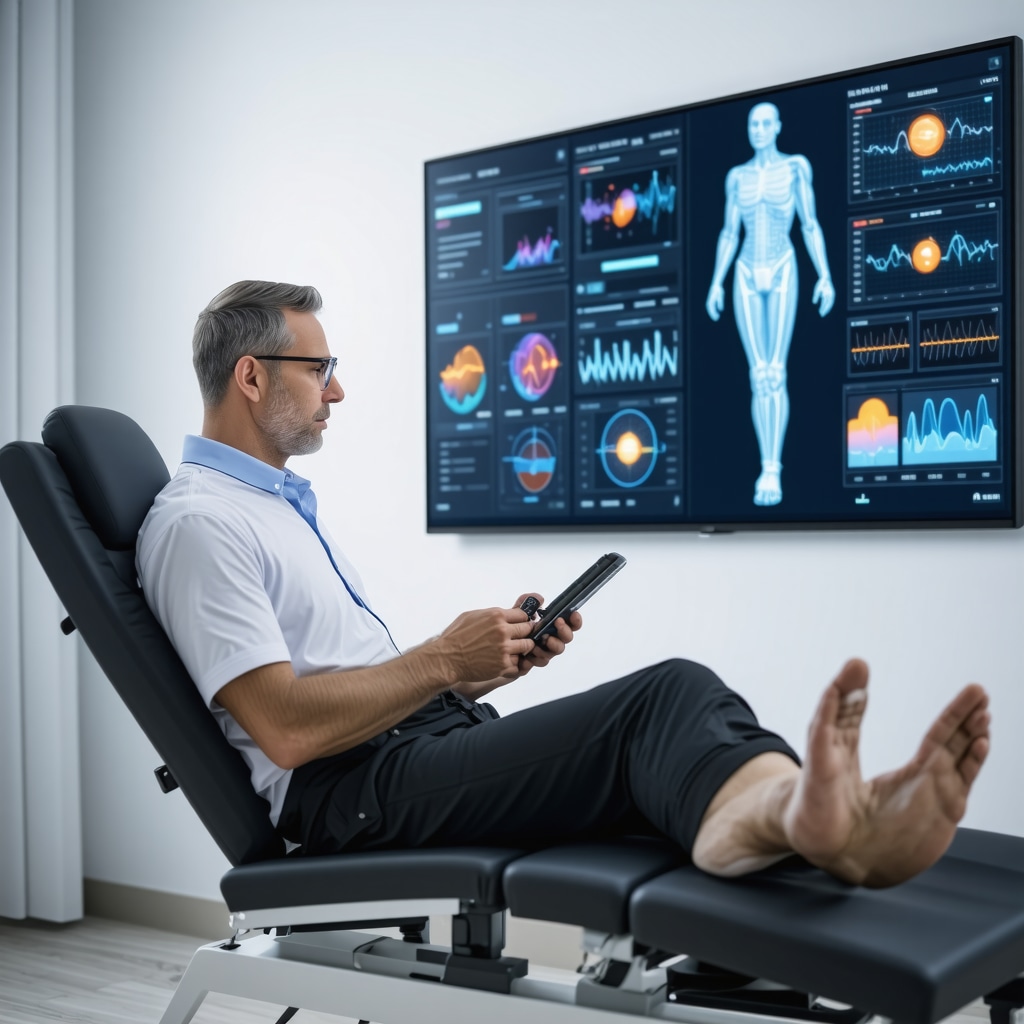 Patient with wearable sensors undergoing orthopedic rehabilitation guided by AI data analysis in a modern clinic