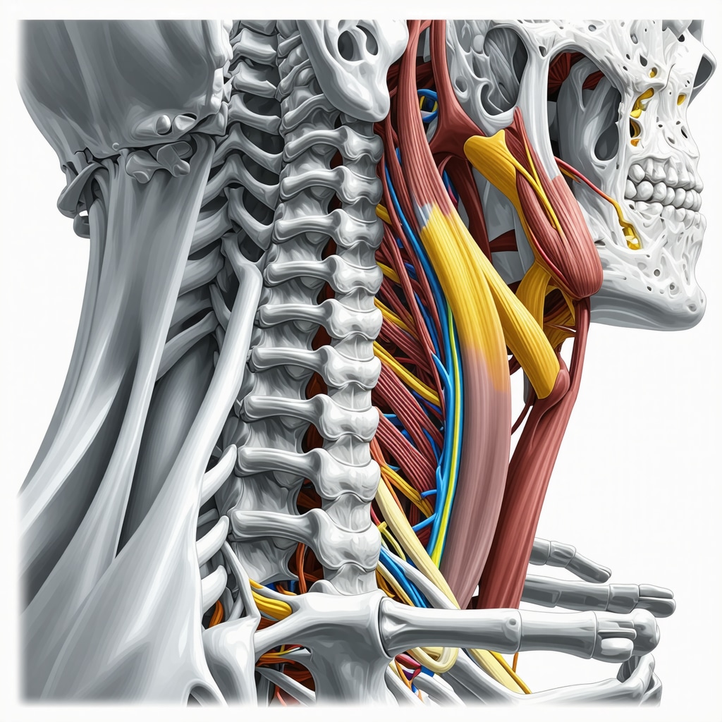 Anatomical illustration of cervical spine showing soft tissue injuries and regenerative therapy applications