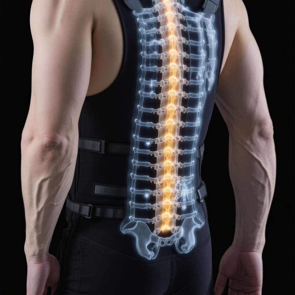High-tech orthopedic brace showing real-time posture feedback on a digital screen