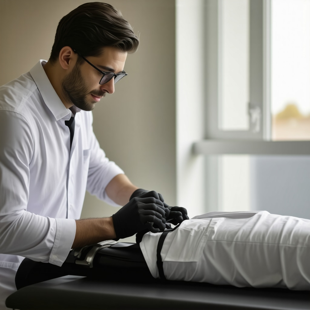 Medical professional assessing patient with bulging disc using advanced imaging and wearable dynamic brace