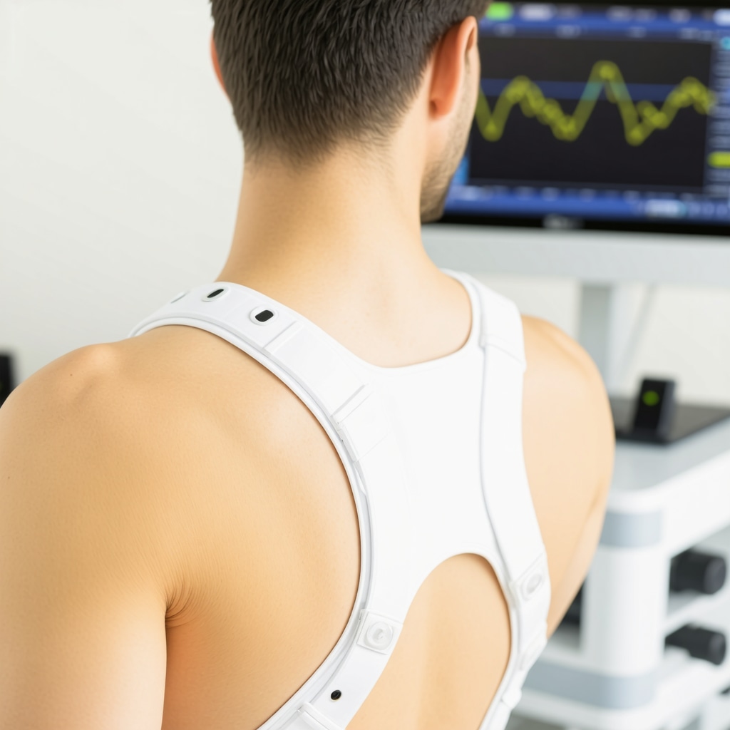 High-tech orthopedic shoulder brace with wearable sensors providing biofeedback during rotator cuff recovery
