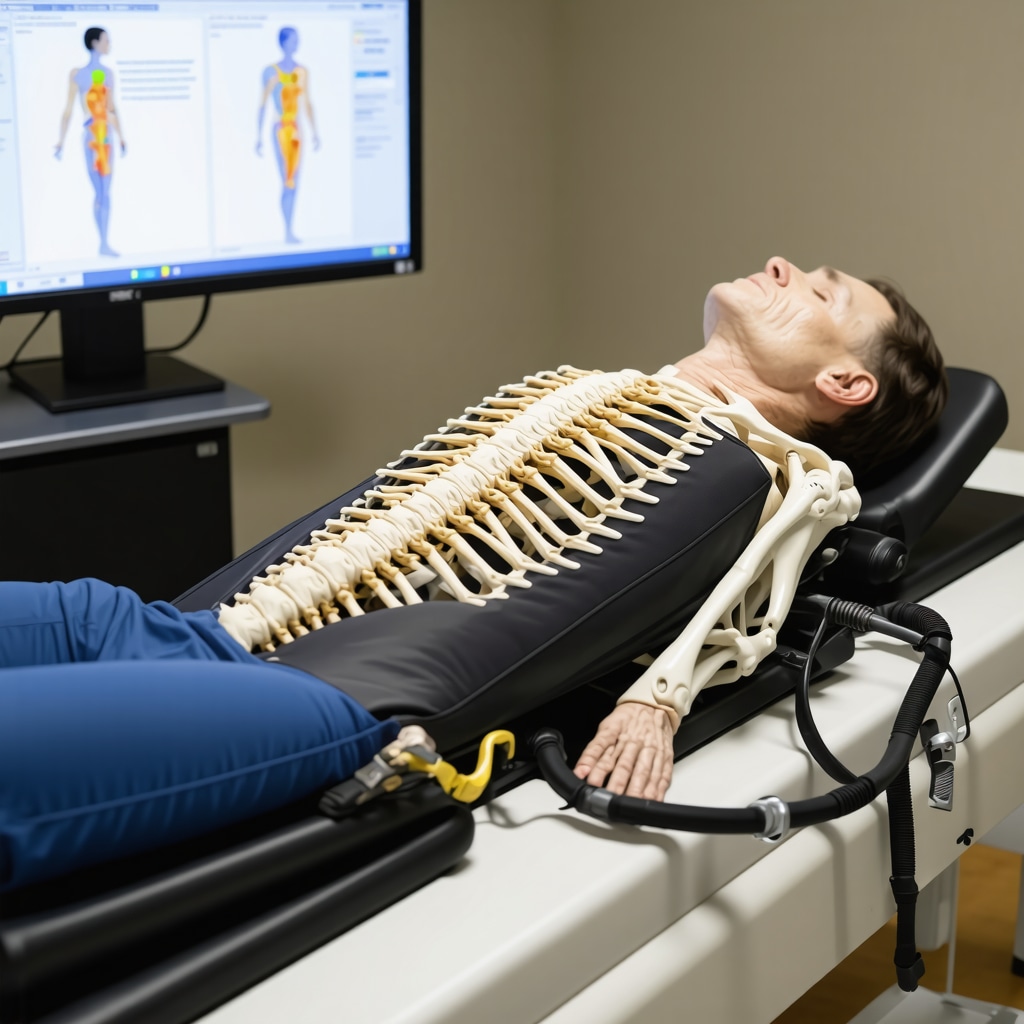 Patient undergoing spinal decompression with computer-assisted real-time feedback on spinal alignment and biomechanics