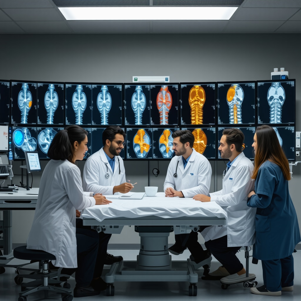 Orthopedic specialists reviewing advanced spinal imaging techniques and collaborating on slipped disc treatment plans