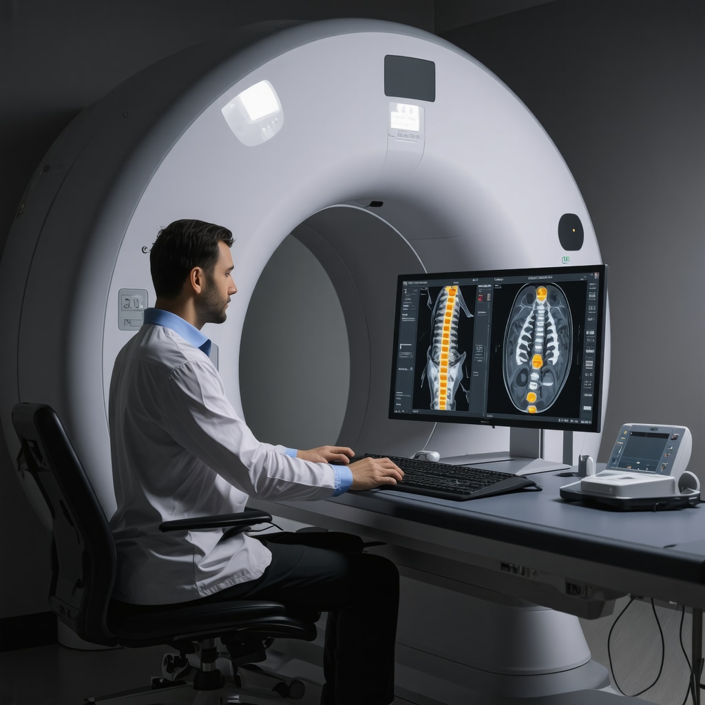 Orthopedic specialist reviewing 3D spinal nerve tract images on a computer in a high-tech clinic