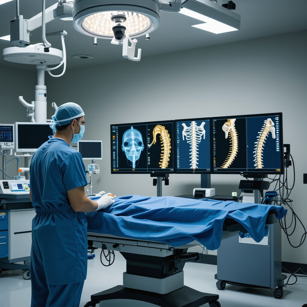 Spine surgeon analyzing AI and biomechanical 3D models during surgery planning
