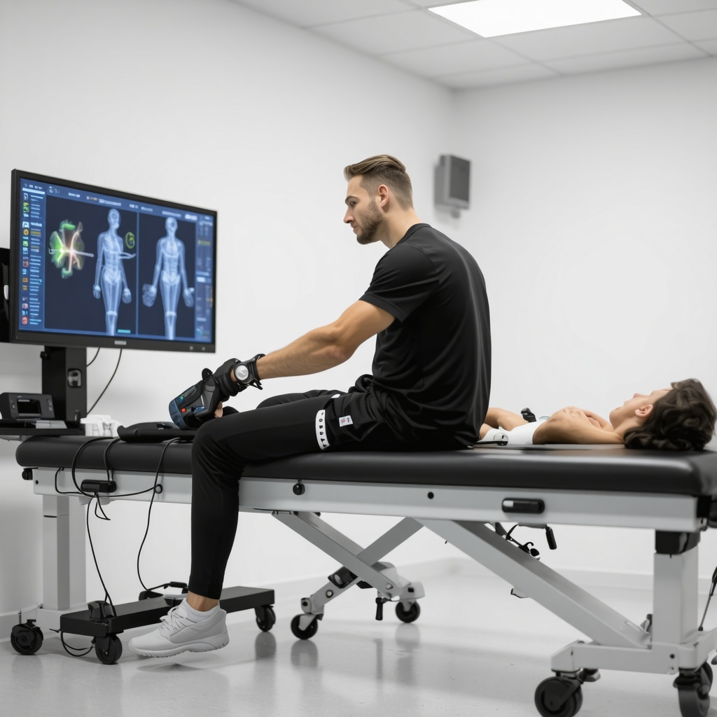 Athlete in sports rehab clinic wearing wearable biomechanical sensors monitored by orthopedic specialists