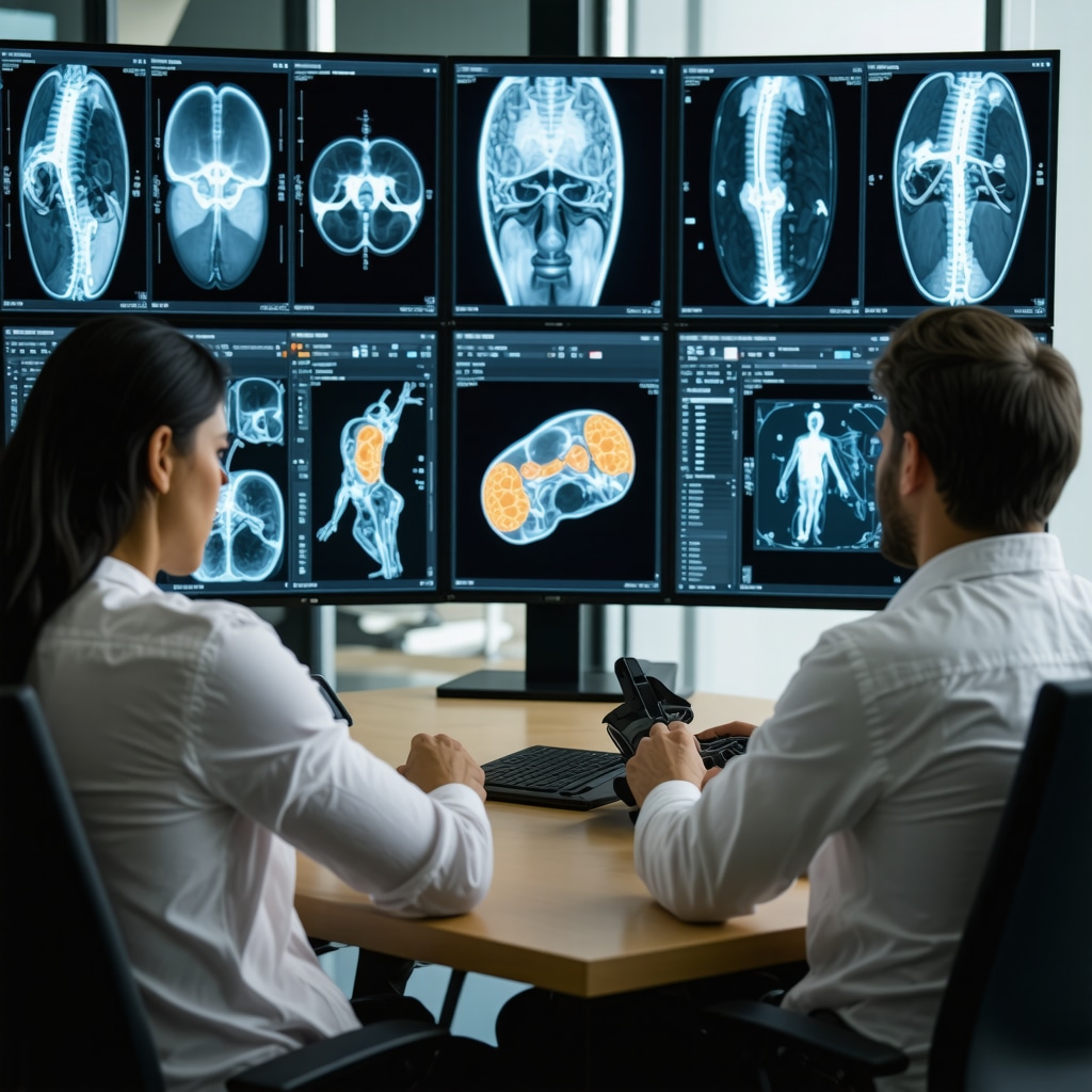 Attorney and orthopedic data scientist analyzing 3D orthopedic imaging and biomechanical metrics on digital monitors in a modern office