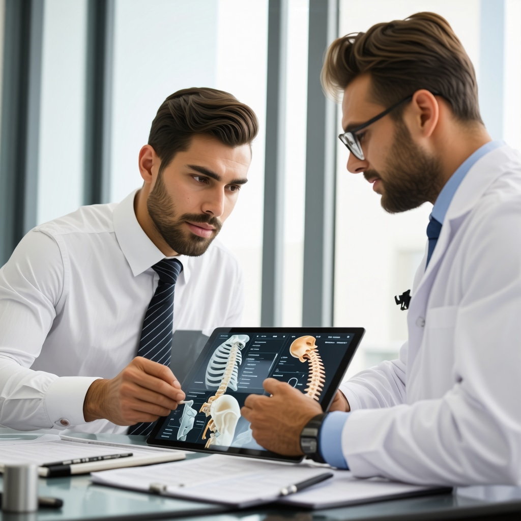 Lawyer and orthopedic specialist reviewing orthopedic medical records and 3D spine imaging on a tablet for legal case preparation