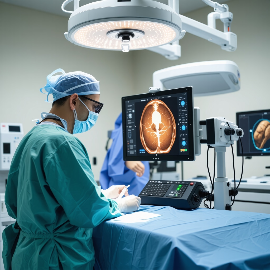 Surgeon performing AR-assisted nerve decompression surgery using holographic displays and precision tools