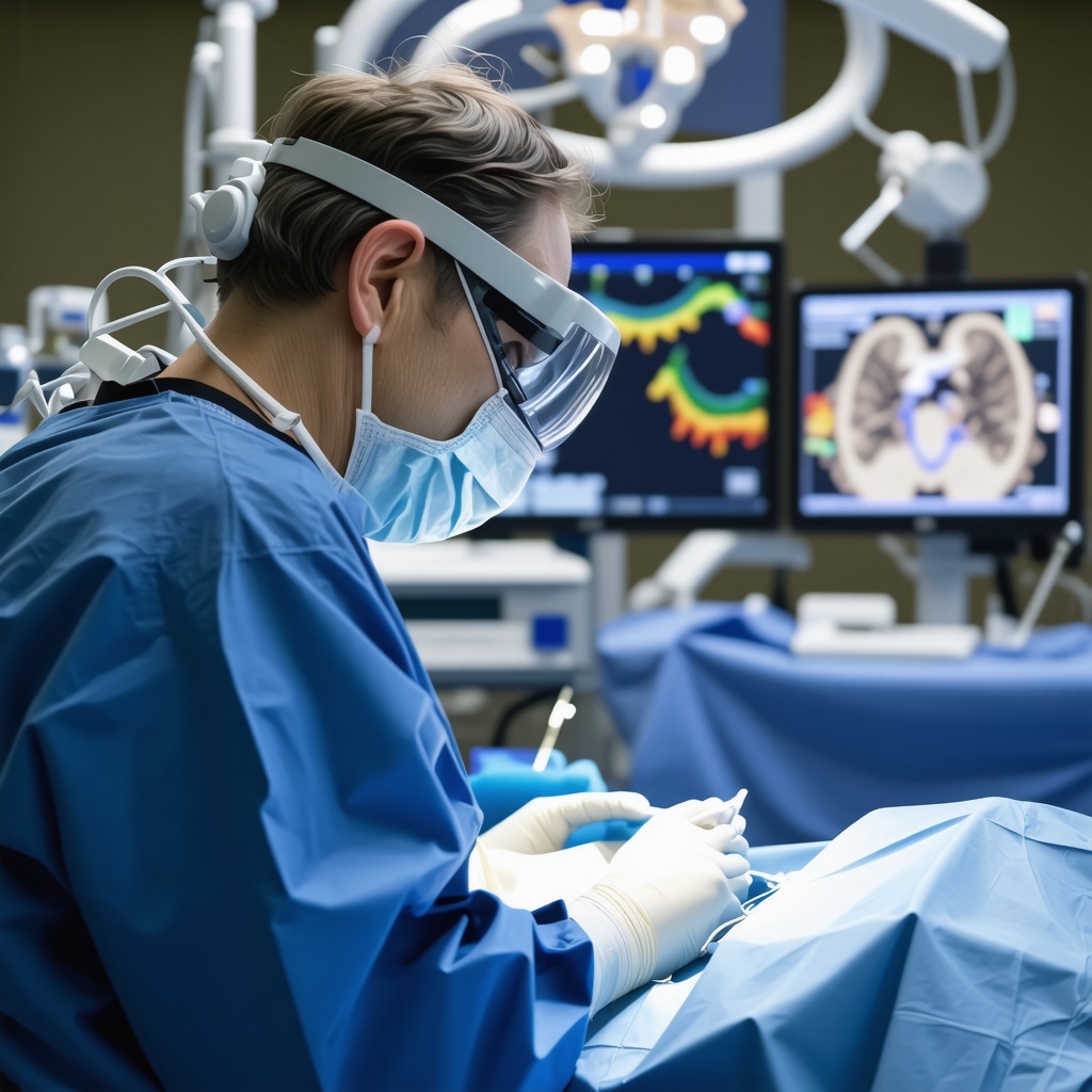 Surgeon using augmented reality glasses to visualize spinal nerves during minimally invasive sciatica surgery