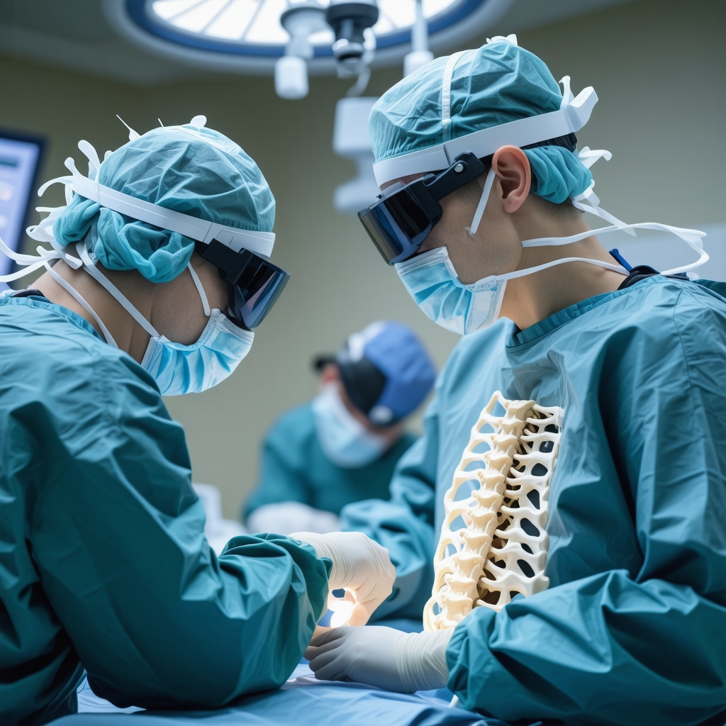 Orthopedic surgeon performing spinal fusion using augmented reality and 3D holographic imaging
