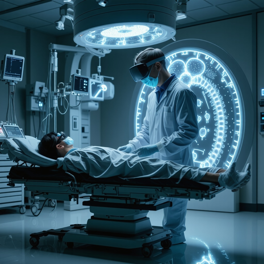 Orthopedic surgeon performing spine surgery using augmented reality technology with holographic imaging; patient undergoing VR-based rehabilitation