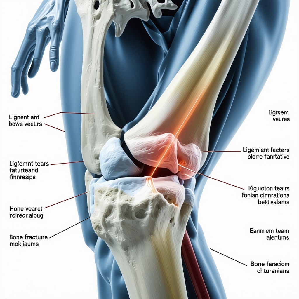 Anatomical illustration of knee joint biomechanical forces with MRI images showing ligament tears and fractures