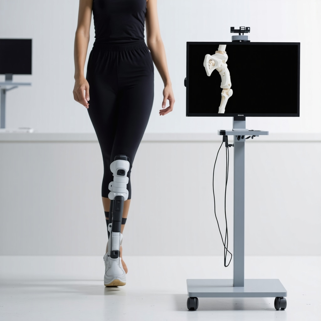 Patient undergoing biomechanical gait analysis with wearable sensors and 3D printed orthopedic brace displayed nearby