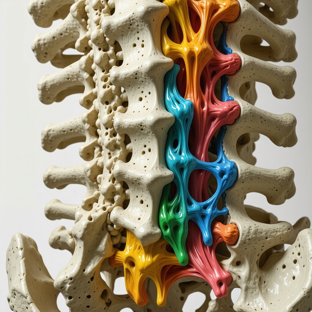3D biomechanical lumbar spine model illustrating stress on bulging intervertebral discs