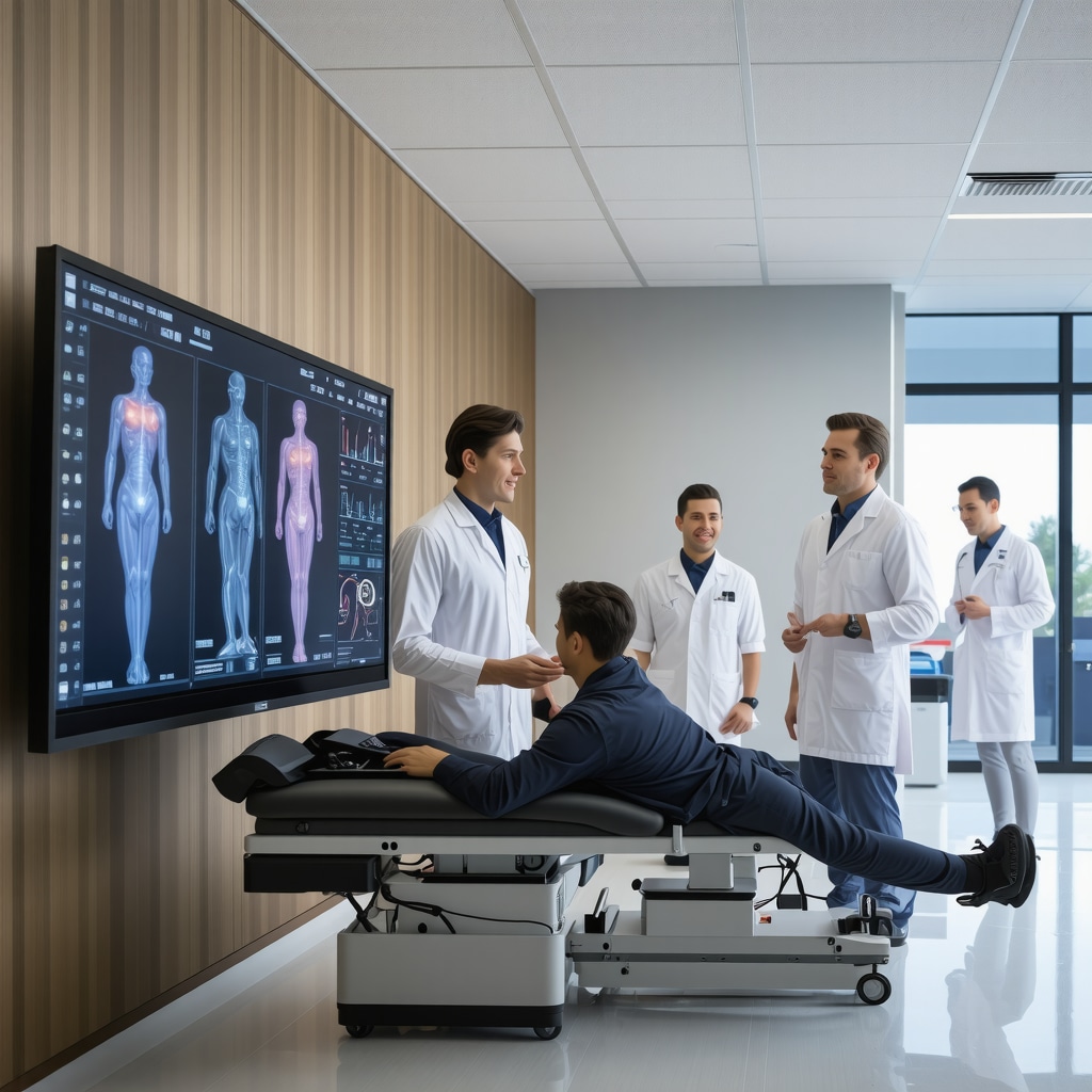 Orthopedic DO and MD physicians collaborating in a clinic using digital biomechanical data for integrative patient care