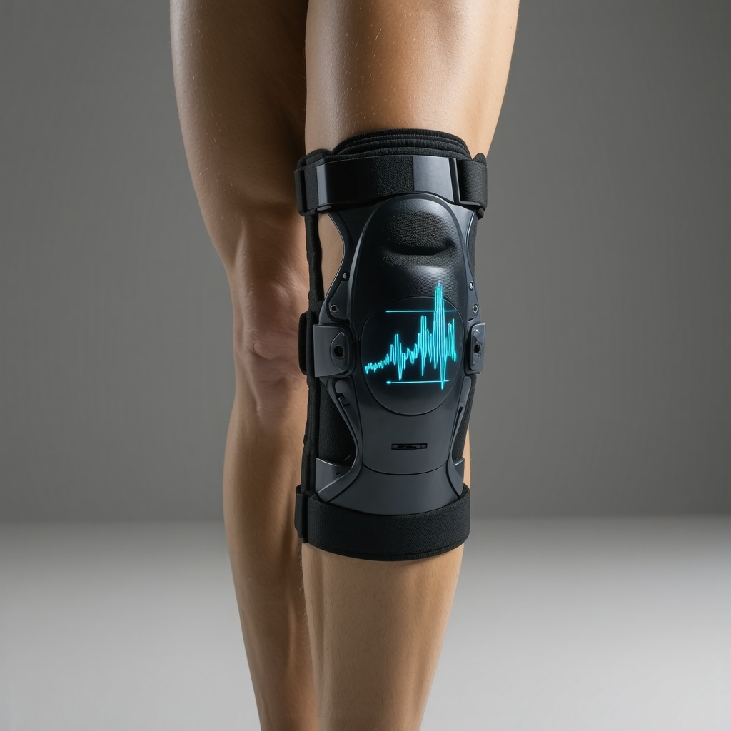 Advanced custom orthopedic knee brace displaying biomechanical feedback on digital screen