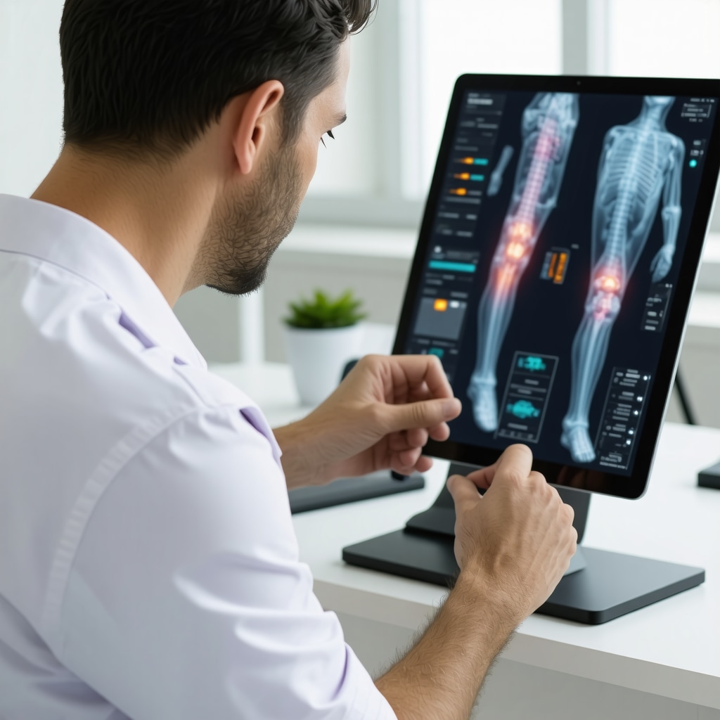 Patient with wearable motion sensors and clinician analyzing AI biomechanical data on tablet during orthopedic follow-up