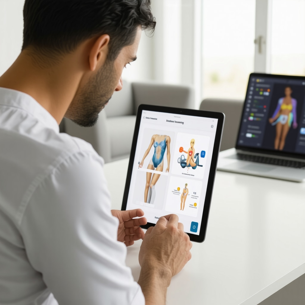 Patient using tablet with orthopedic digital therapy software and wearable sensors being monitored remotely by a clinician