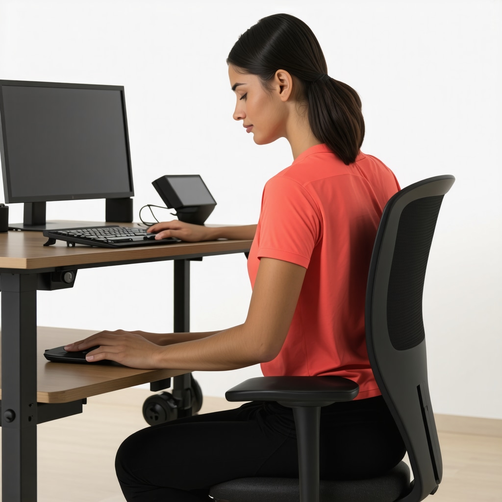 Person at ergonomic sit-stand desk wearing posture sensors performing spine stretches