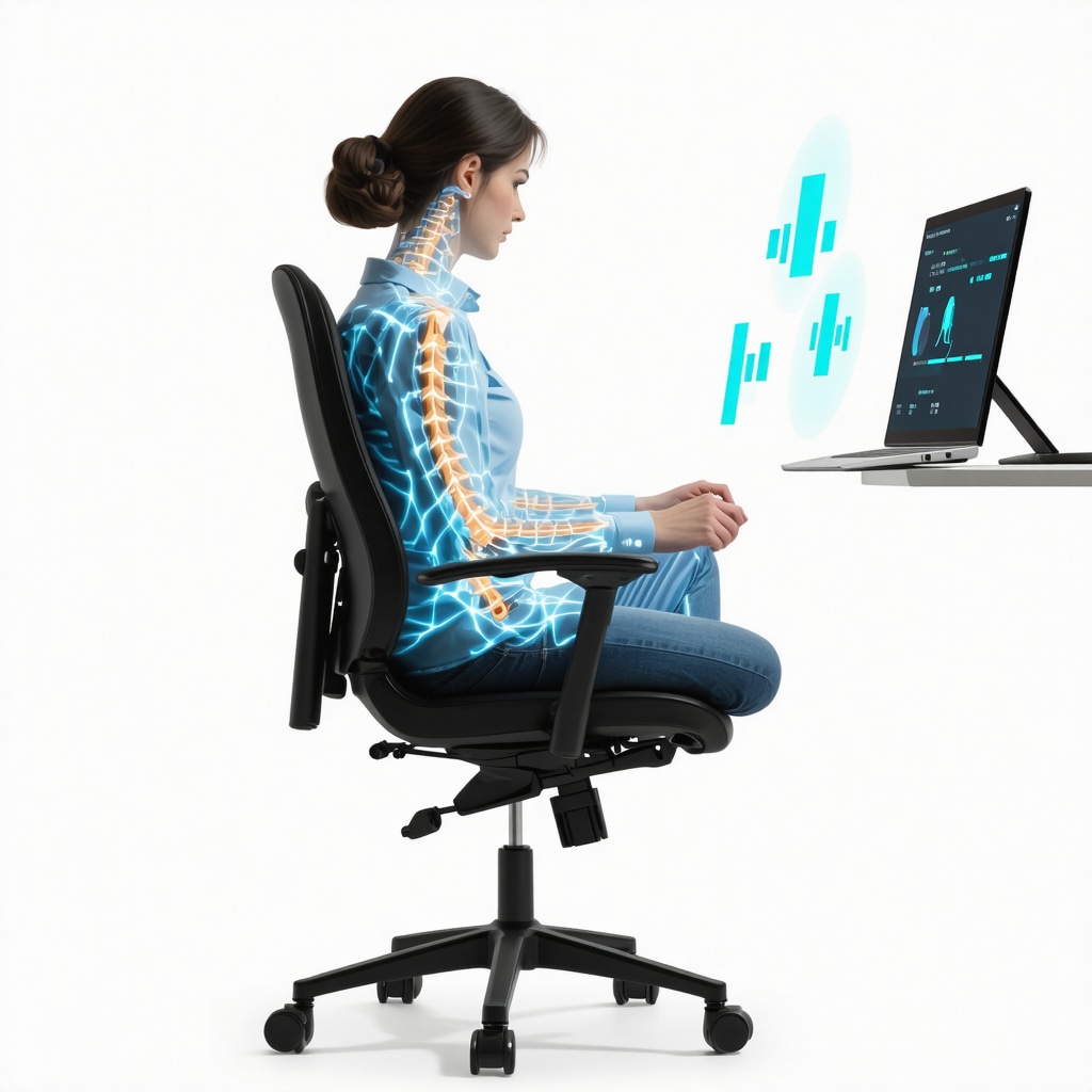 Ergonomic office chair with dynamic lumbar support and wearable posture sensors showing real-time spine alignment feedback