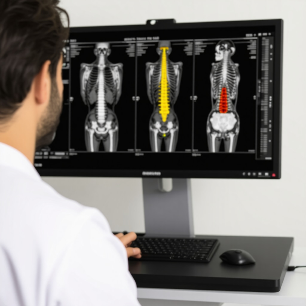 Orthopedic doctor analyzing dynamic MRI images showing spinal movement and instability