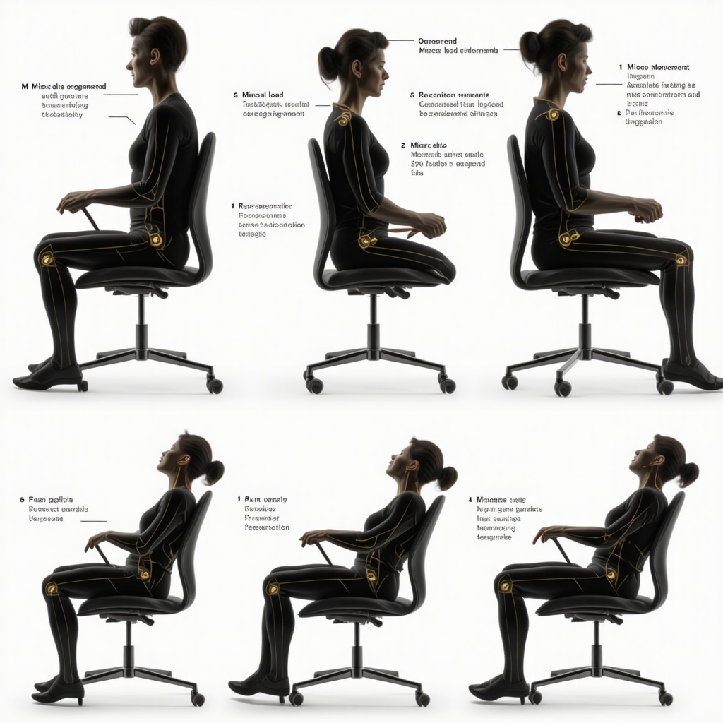 Infographic illustrating dynamic sitting postures and spinal load distribution with ergonomic chair features
