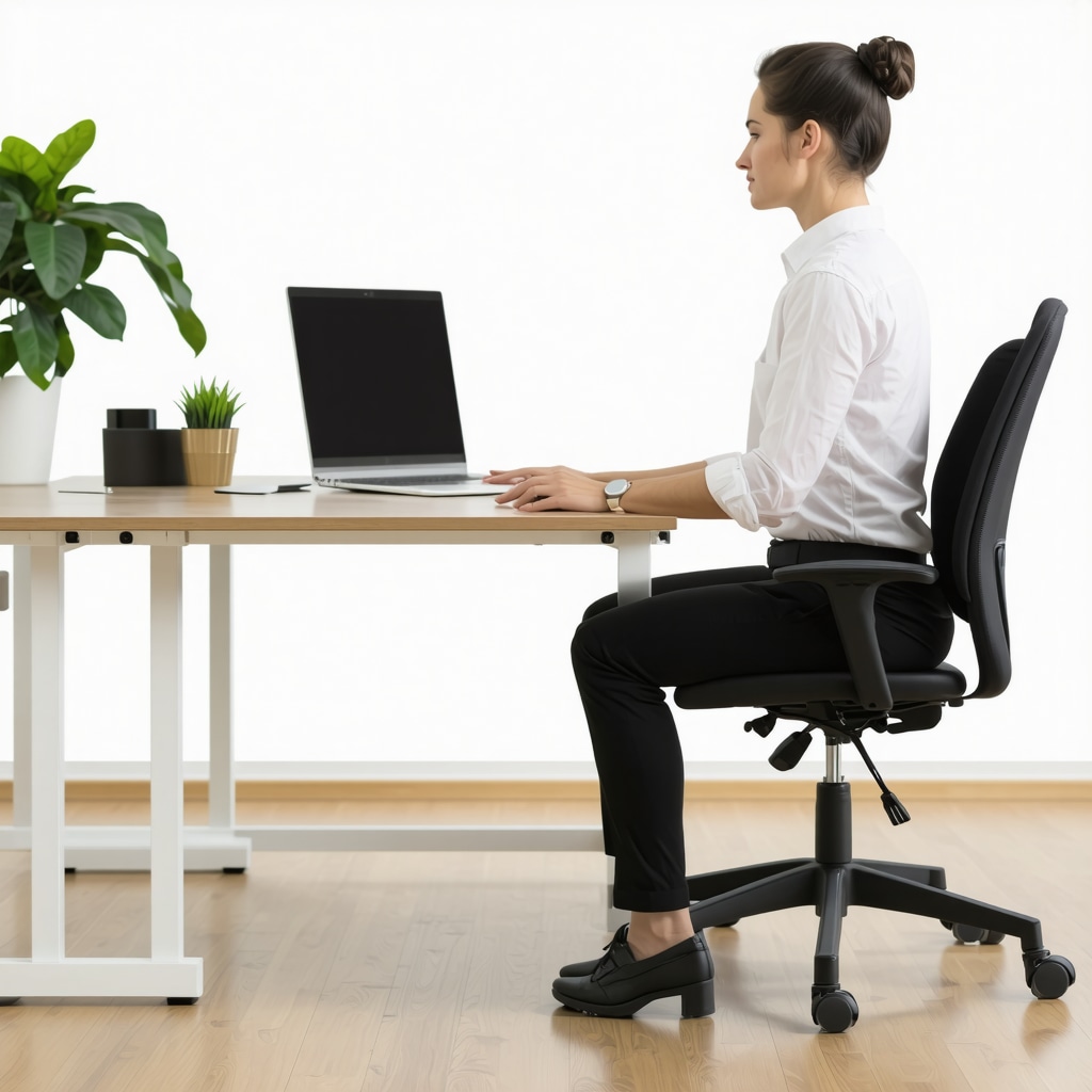 Person sitting on a balance ball chair at an adjustable desk performing subtle postural adjustments to reduce spine pain