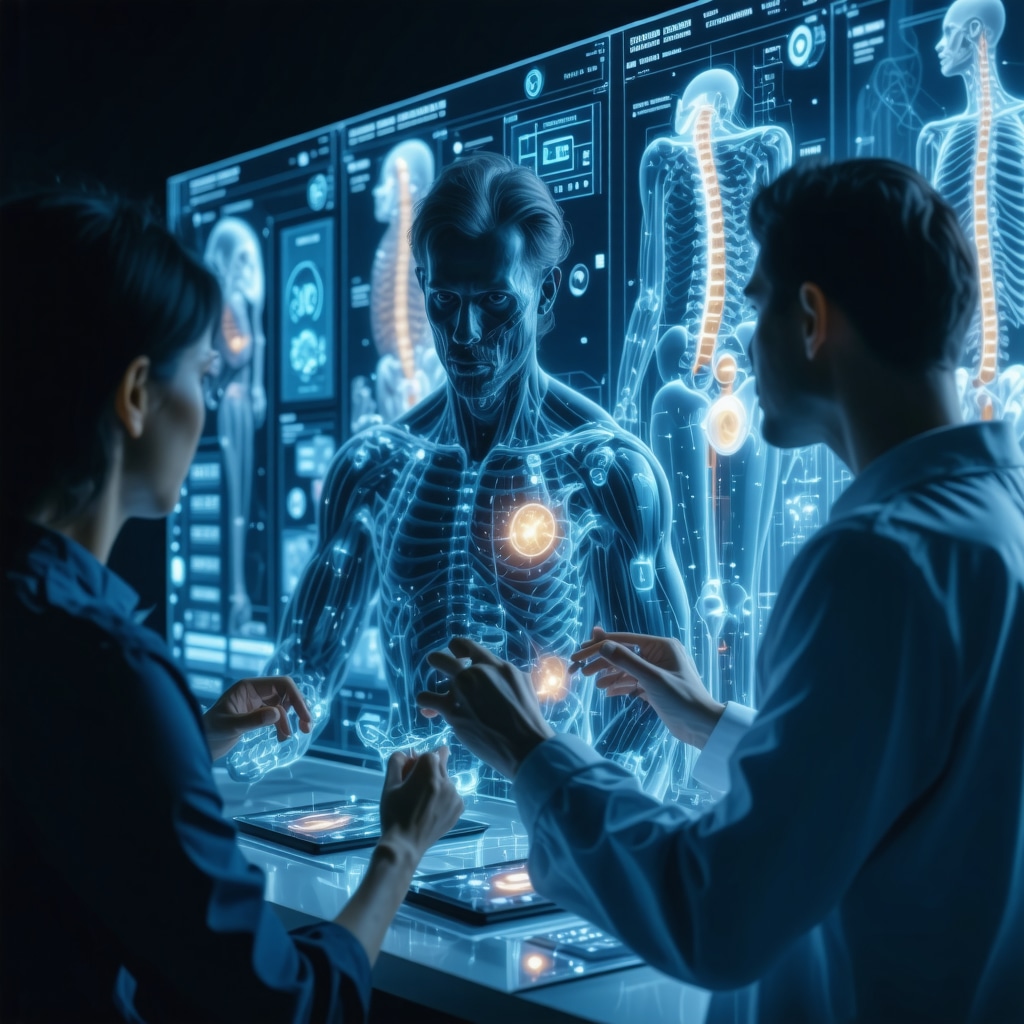 Medical professionals utilizing AI-driven diagnostics and biomechanical modeling for integrated musculoskeletal care