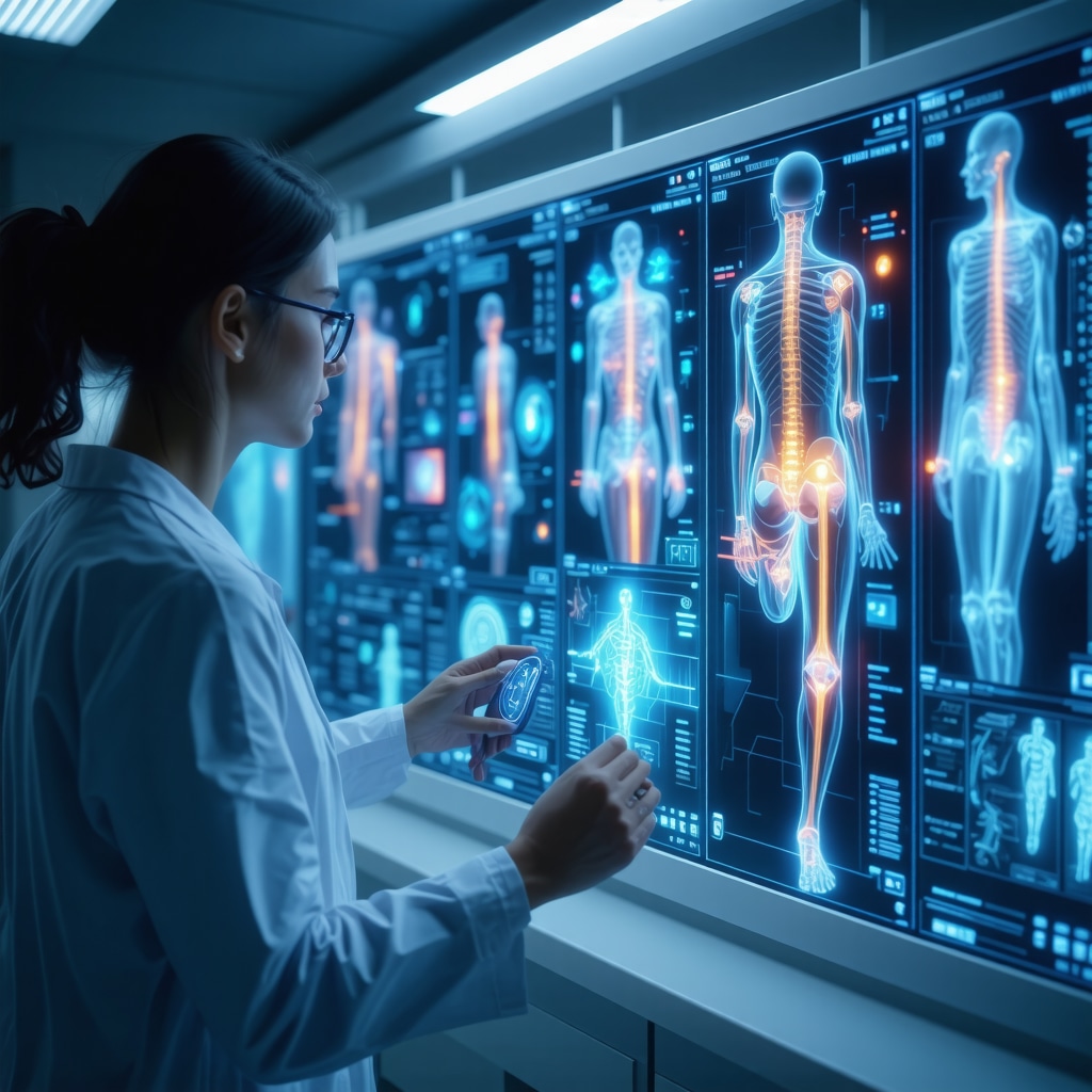 Orthopedic specialist reviewing genomic data, biomechanical models, and AI tele-rehabilitation on holographic displays