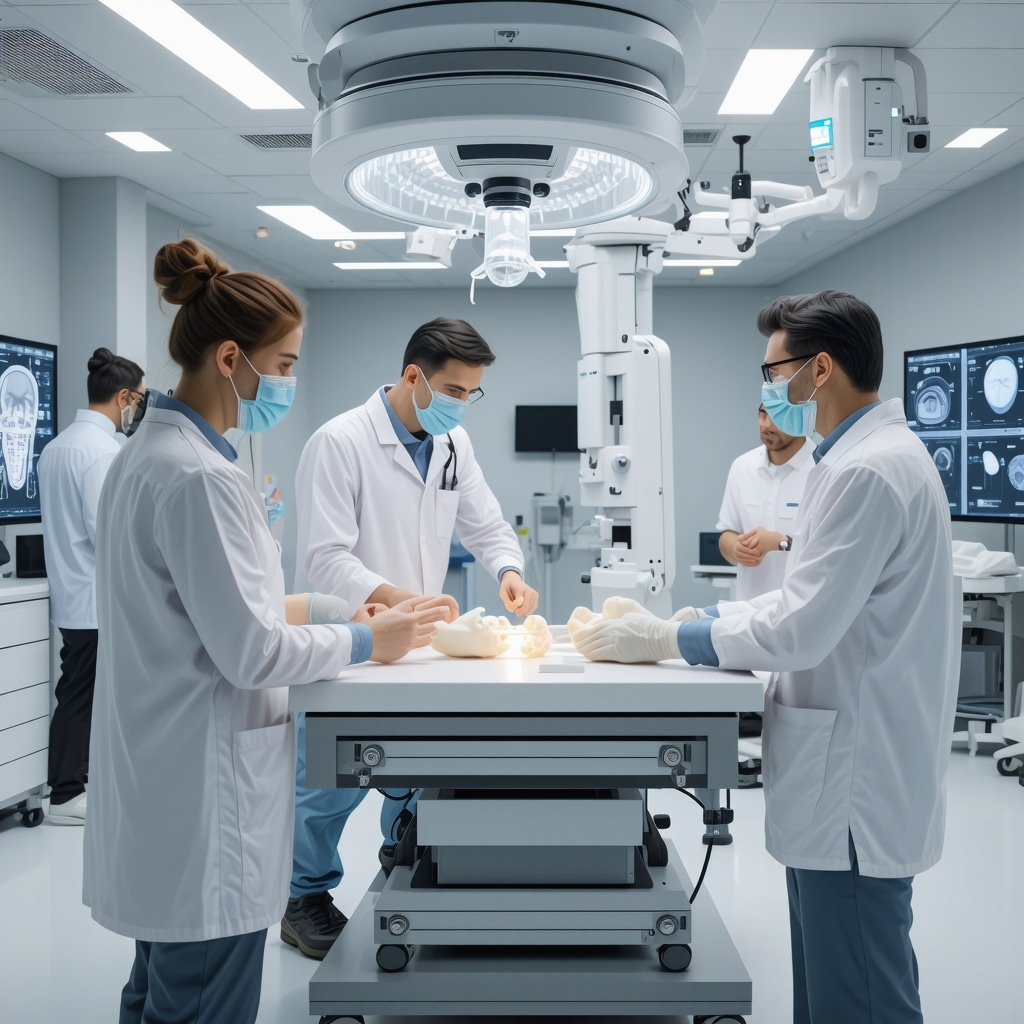 Orthopedic team reviewing AI diagnostics and 3D printed implants in advanced clinical setting