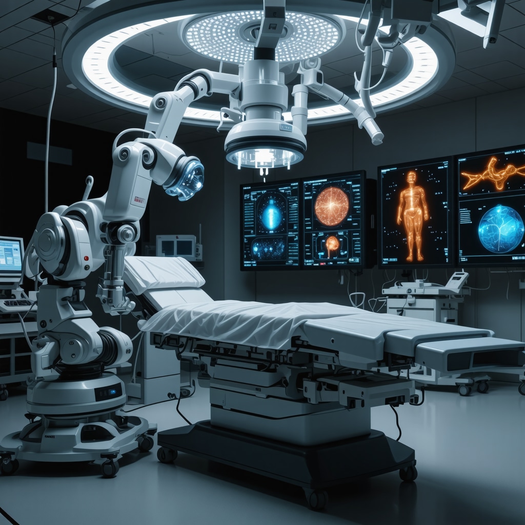 Orthopedic operating room with AI-assisted robotic surgery and custom 3D-printed implants
