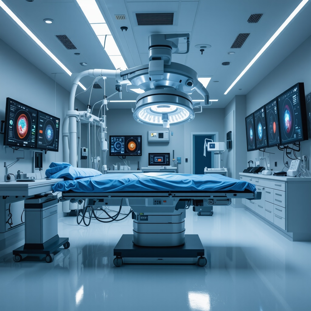 Orthopedic surgery room with AI robotic systems, biomaterials implants, and digital patient education screens