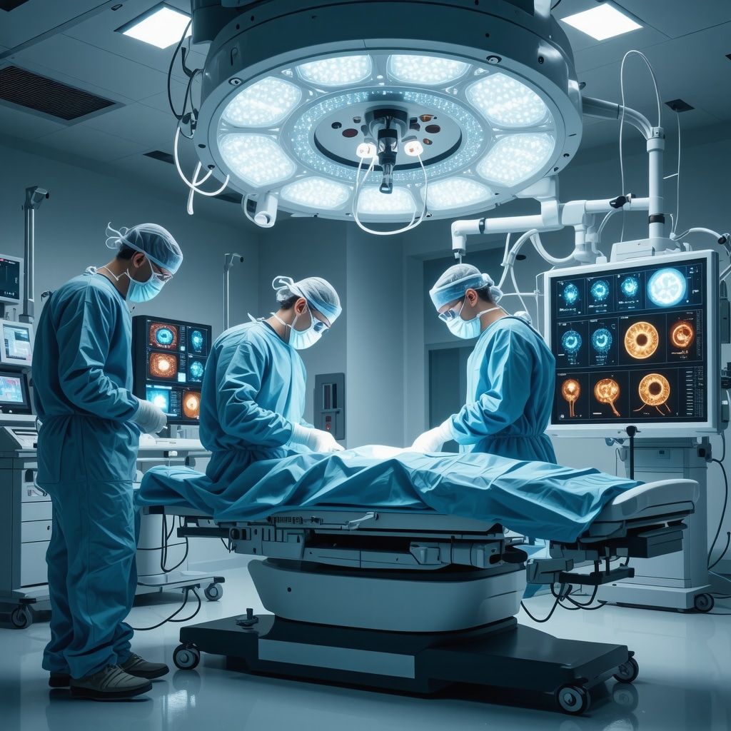 Surgeon performing AI-assisted spinal surgery with robotic arms and molecular data holograms