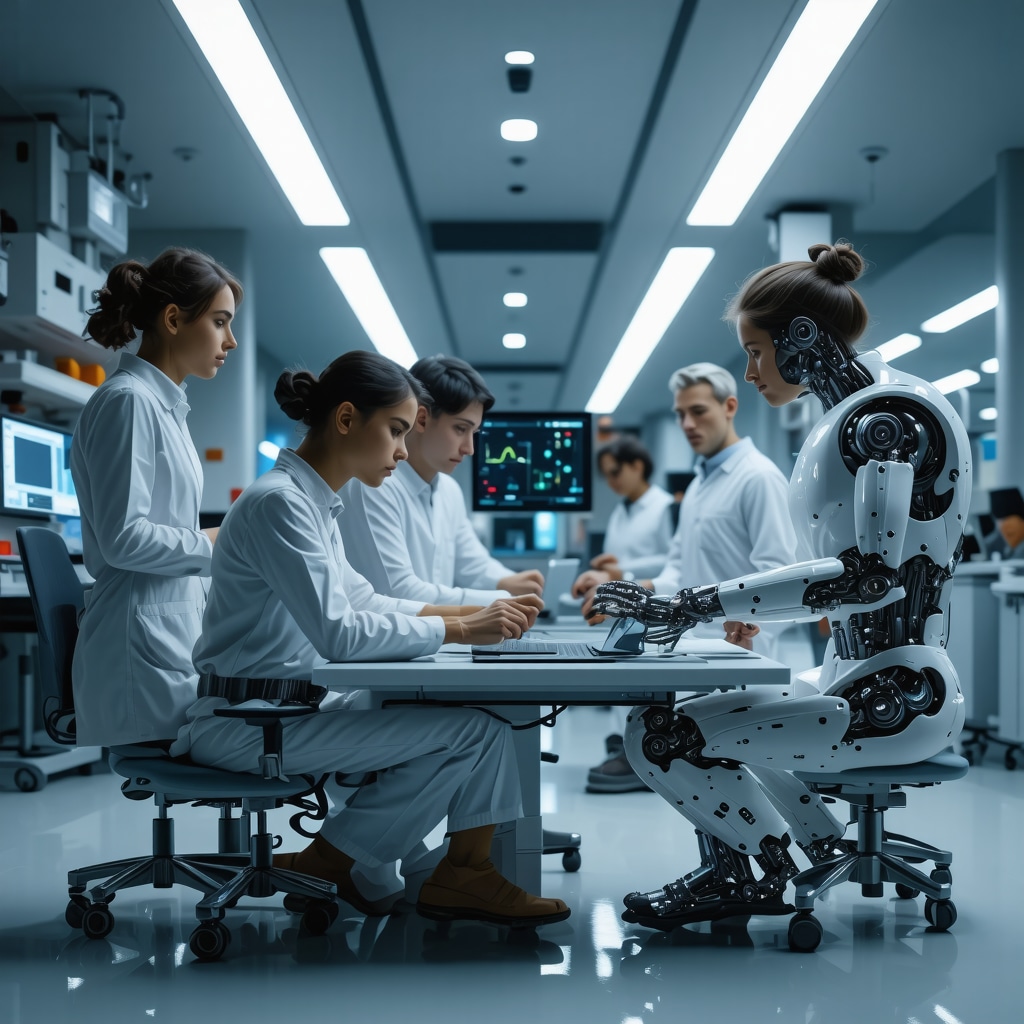 Orthopedic specialists collaborating with AI interfaces and biomechanical assessment devices in advanced spine care