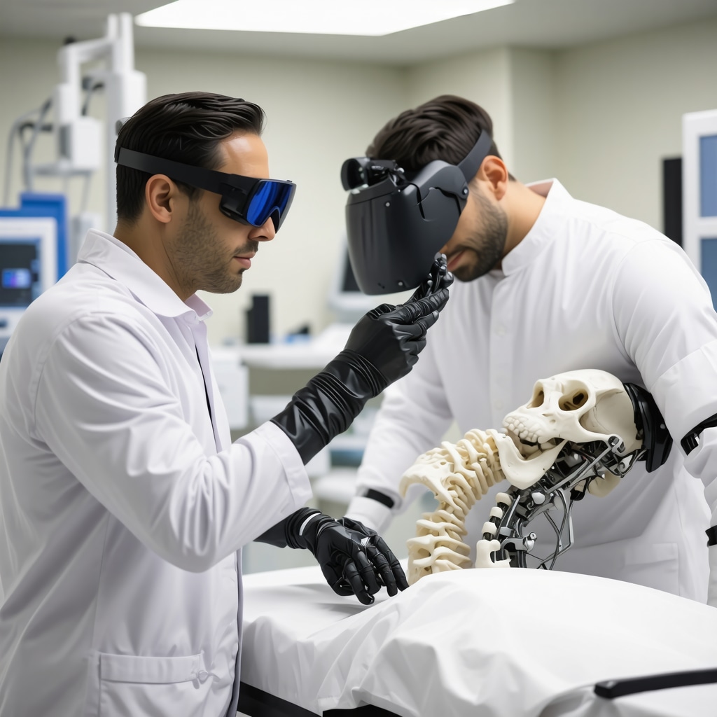 Spine surgeon performing AR-assisted minimally invasive surgery with robotic tools alongside chiropractor using digital rehabilitation sensors