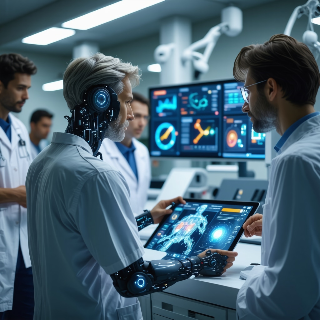 Patient monitored by wearable sensors with orthopedic doctors analyzing AI data in a clinic