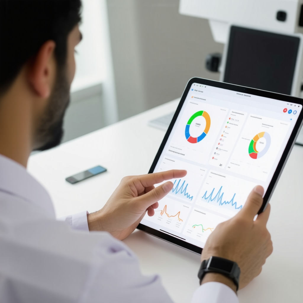 Orthopedic specialist analyzing wearable sensor data and predictive analytics on digital interface