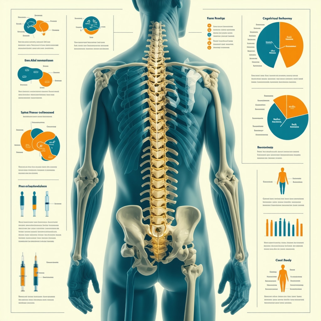 Infographic illustrating biomechanical analysis, regenerative treatments, and psychological interventions in spinal injury rehabilitation