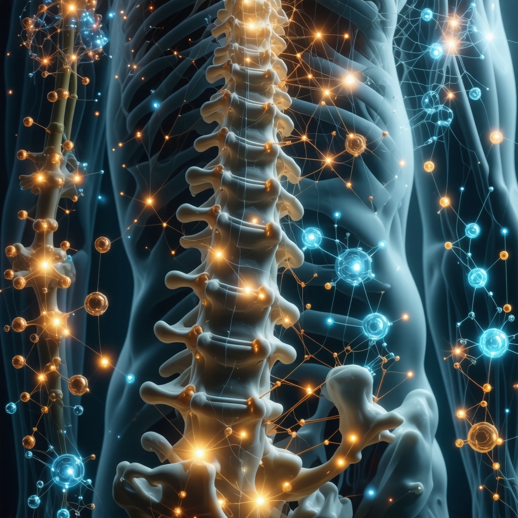 3D spine model with biomechanical data, AI neural links, and nutraceutical molecular icons representing advanced orthopedic rehabilitation