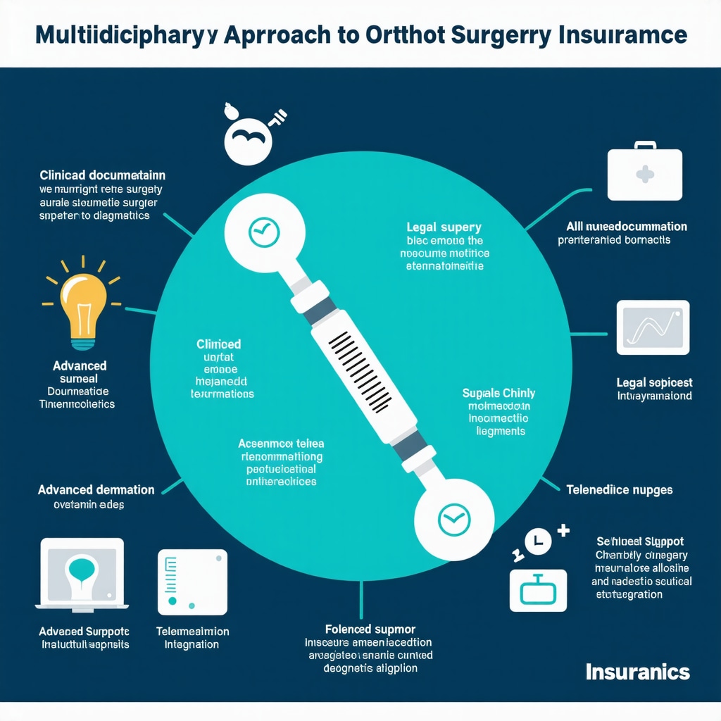 Infographic illustrating multidisciplinary documentation, advanced diagnostics, legal expertise, and telemedicine in orthopedic insurance appeals