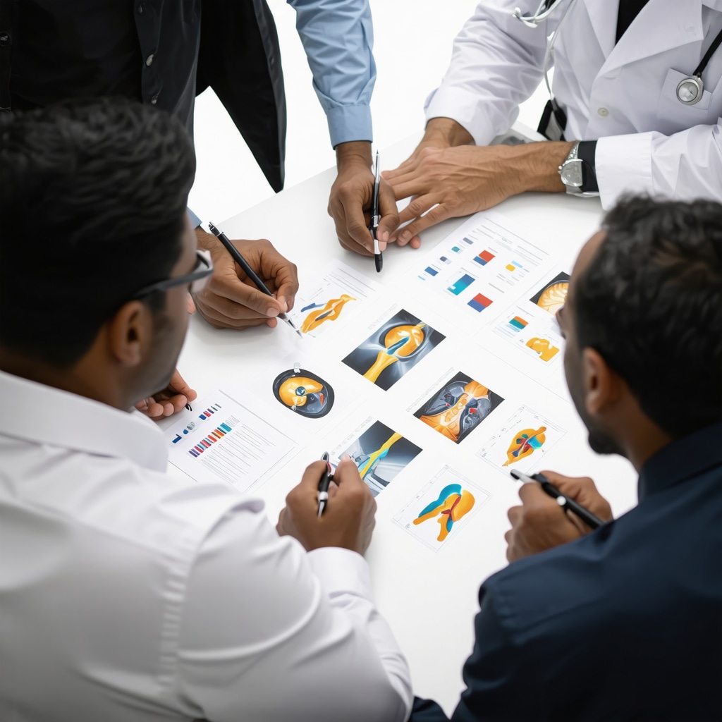 Orthopedic surgeons and therapists reviewing medical records and imaging in a collaborative clinical environment