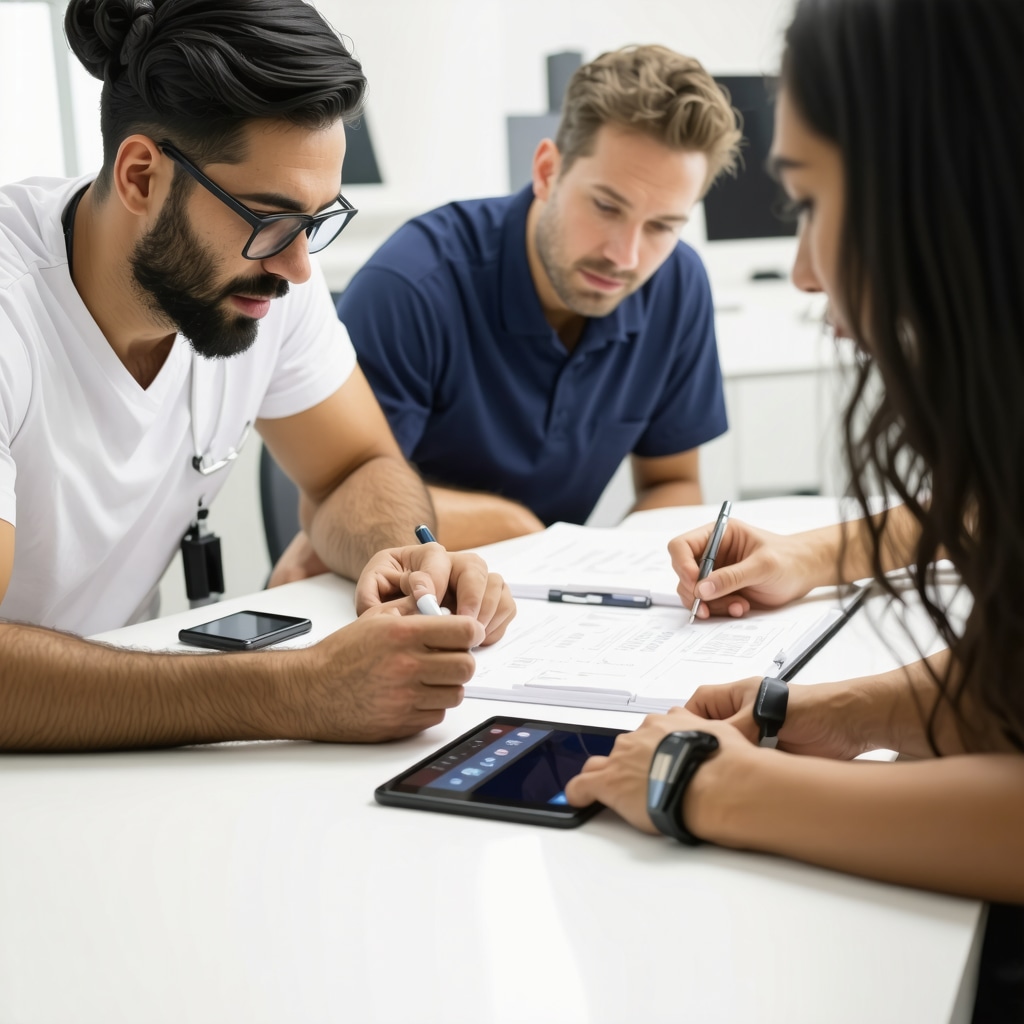 Orthopedic specialists collaborating with digital and wearable technology for patient care