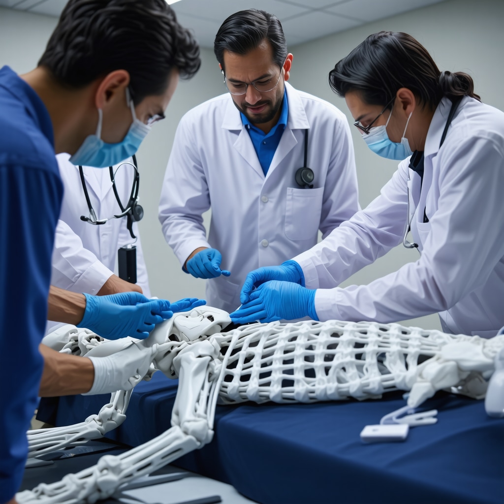 Medical professionals reviewing advanced imaging and wearable sensor data for orthopedic auto accident patient recovery