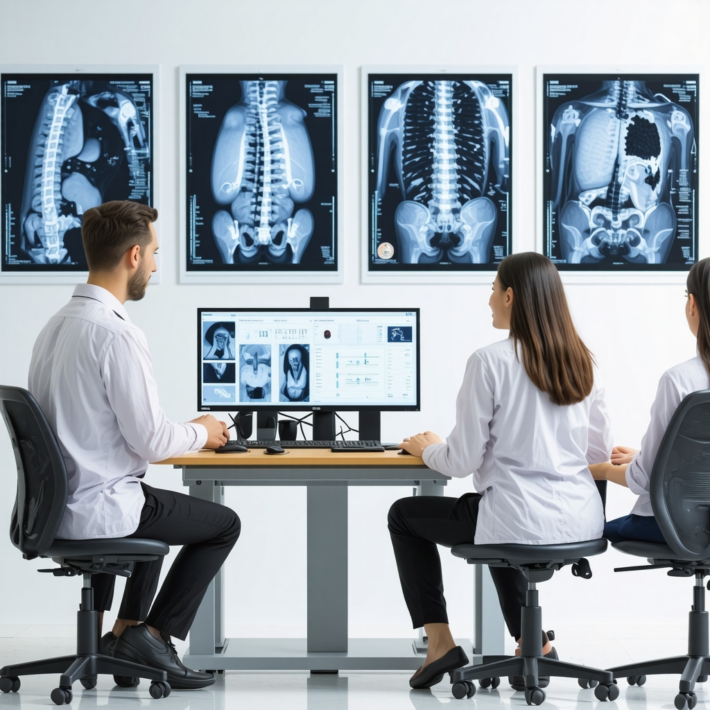 Orthopedic specialists reviewing spine scans and biomechanical assessments collaboratively