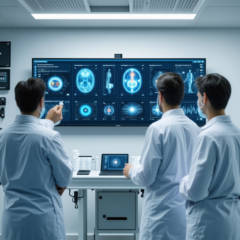 Orthopedic specialists reviewing AI-driven patient data and digital charts in a clinical environment